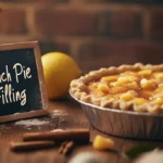 Homemade peach pie filling inside a golden crust with fresh peaches and warm spices