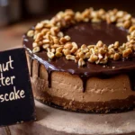 Decadent peanut butter cheesecake topped with chocolate ganache and roasted peanuts