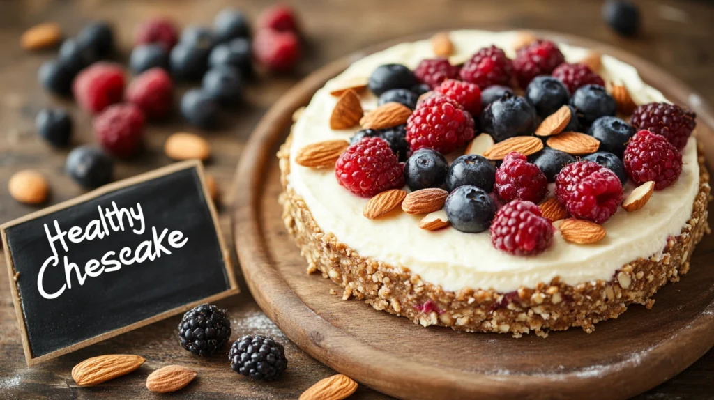 Healthy no-bake cheesecake topped with fresh berries and almonds
