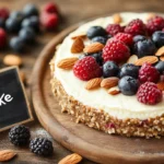 Healthy no-bake cheesecake topped with fresh berries and almonds