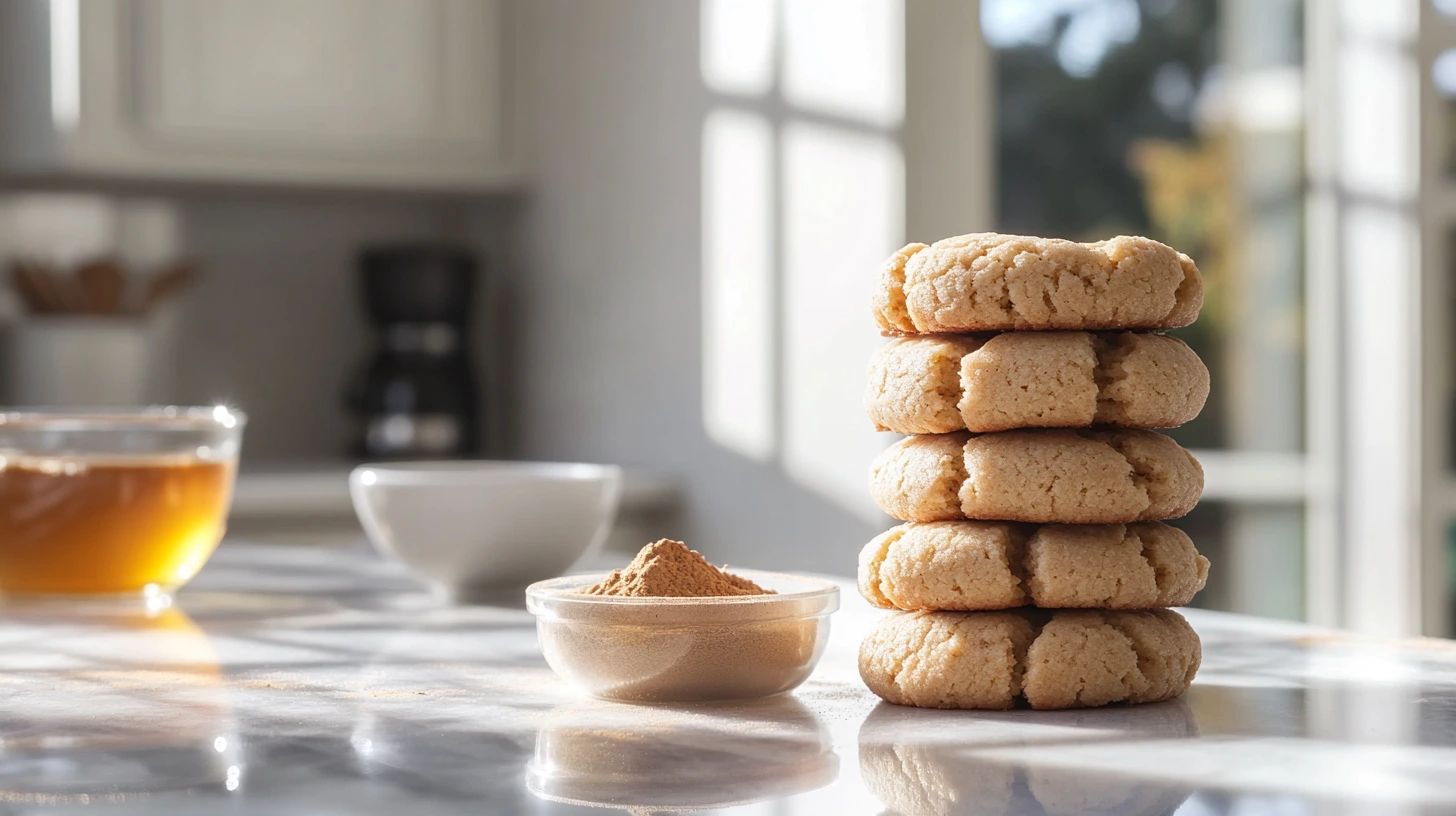 A collection of freshly baked cookies on a wooden surface, surrounded by a container of protein powder and a measuring scoop, illustrating the use of protein powder as a substitute for flour in baking