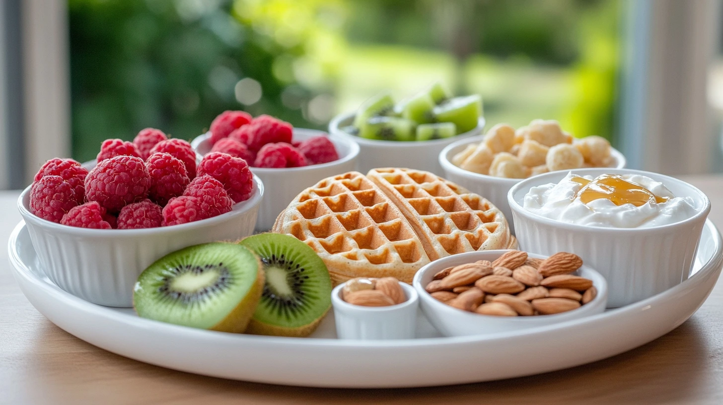 Side-by-side comparison of waffles and pancakes with healthy toppings like fresh berries, yogurt, and nuts.