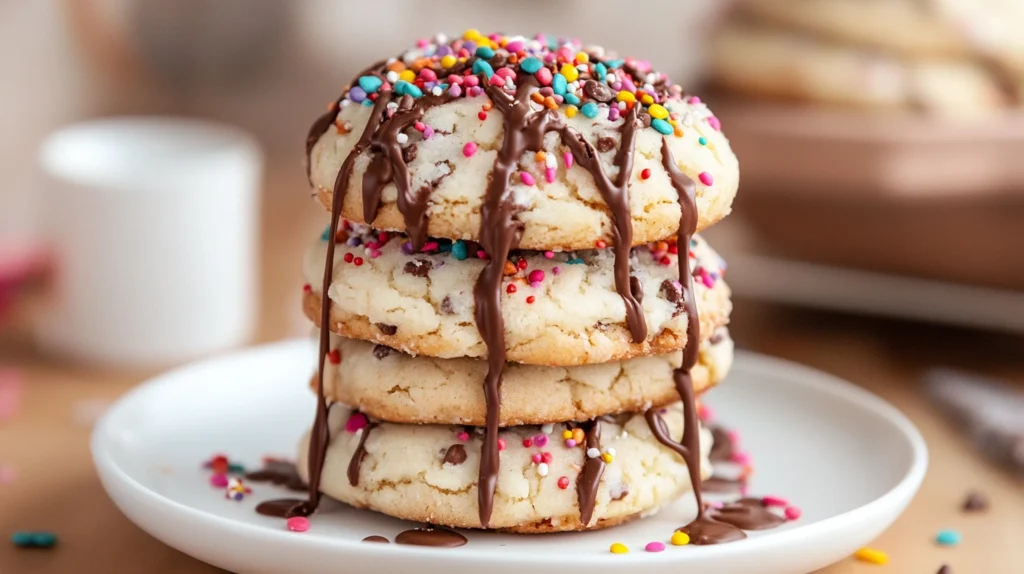 A close-up of freshly baked crumbl cookie recipe, golden brown and soft, topped with a creamy frosting and sprinkled with colorful decorations, displayed on a rustic wooden table.