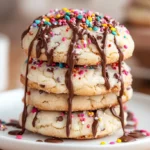 A close-up of freshly baked crumbl cookie recipe, golden brown and soft, topped with a creamy frosting and sprinkled with colorful decorations, displayed on a rustic wooden table.