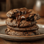 Double chocolate chunk cookies stacked with melted chocolate