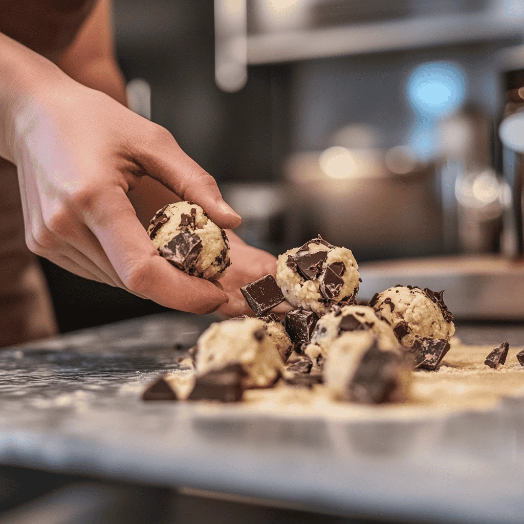 Shaping double chocolate chunk cookie dough